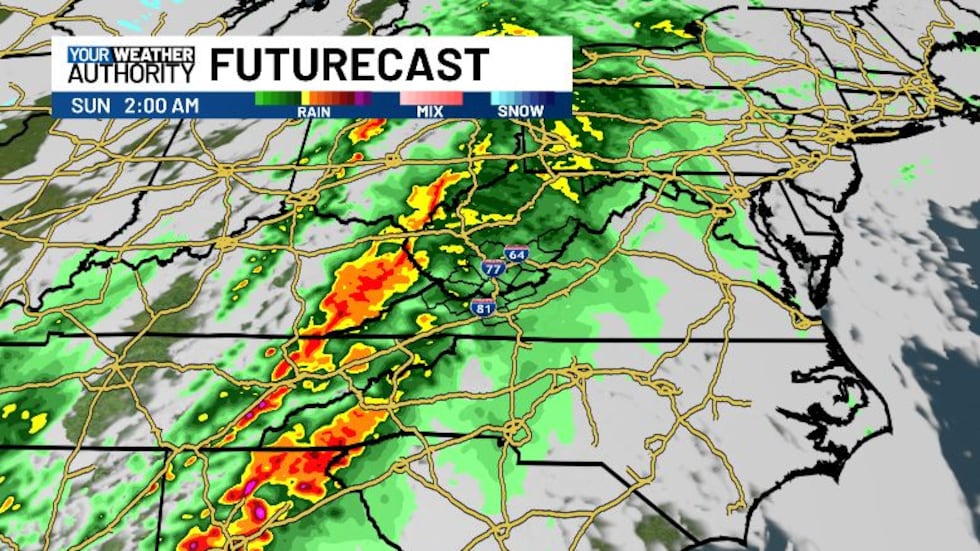 Storms will be right on our doorstep Sunday morning at 2 AM.