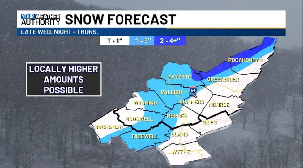 Snowfall amounts look to cap around 3 inches for most of us, with higher amounts in Greenbrier...
