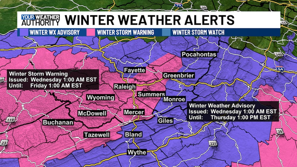 Winter Storm Warnings and Winter Weather Advisories are in effect through Thursday afternoon...