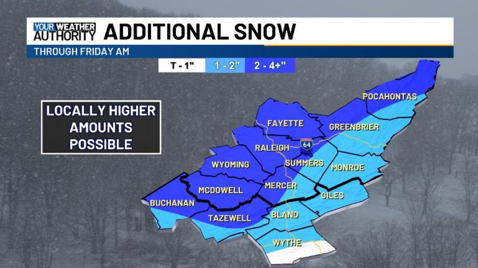 Most of us can expect to see another inch or two of snow today.