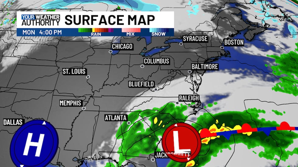 A low pressure moves up the southeast coast, spreading just clouds for our region