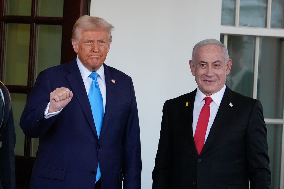 FILE - President Donald Trump greets Israeli Prime Minister Benjamin Netanyahu as he arrives...