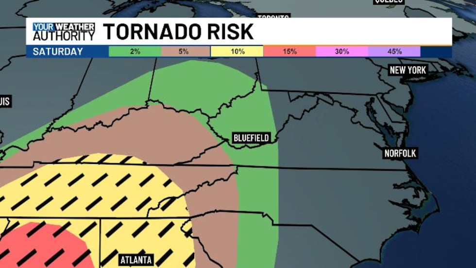 Most of our area is under the 2% risk area for tornadoes tomorrow, with 5% right on the edge...