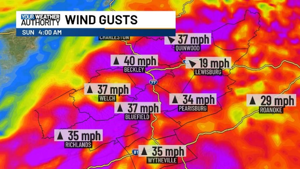 Wind gusts into Sunday morning will be upward of 40 mph.