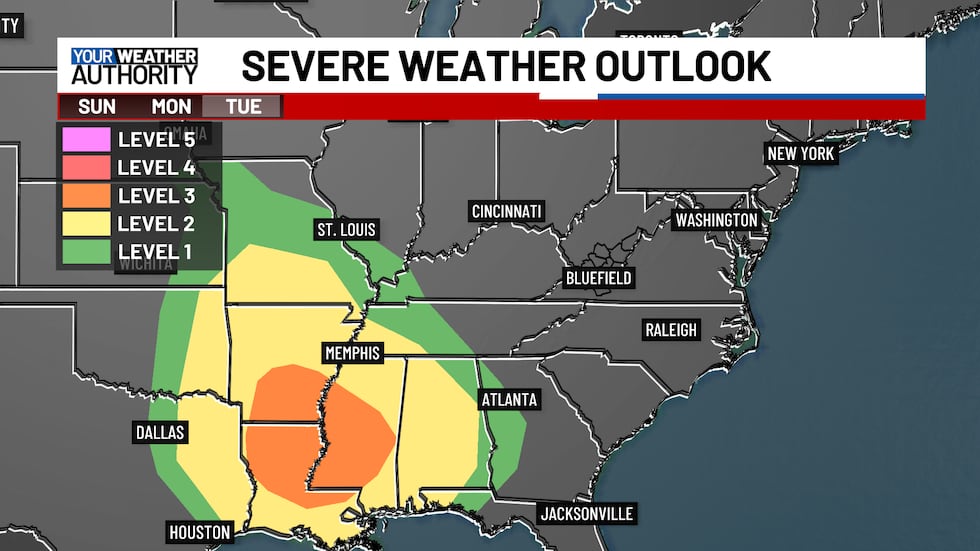 Tuesday's outlook for severe storms will be across the mid-south